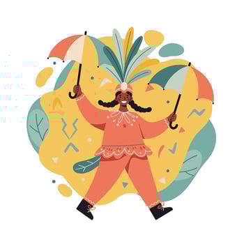 Woman dancing with two umbrellas in colorful carnival costume vibrant festive illustration vector