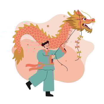 Chinese Dragon Dance Performer in Traditional Costume Holding Large Red and Gold Dragon Puppet Illustration vector