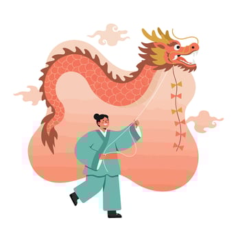 Person flying traditional dragon kite with orange and red colors celebrating cultural festival illustration vector