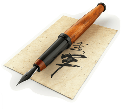 Elegant fountain pen resting on aged paper with intricate calligraphy. png