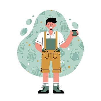 Man in traditional lederhosen holding beer glass with festive background of beer mugs and hops illustration vector