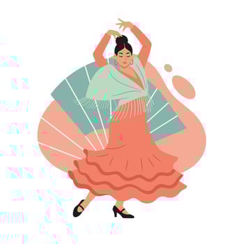 Flamenco dancer performing traditional Spanish dance with colorful fan and vibrant dress illustration vector