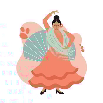 Flamenco dancer in flowing coral dress and green shawl performing traditional Spanish dance illustration vector
