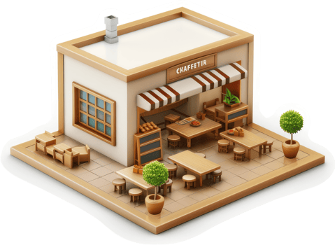 Small, beige cafe with outdoor seating and a striped awning. png
