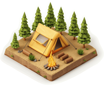 Forest campsite scene with a cozy tent and fire. png