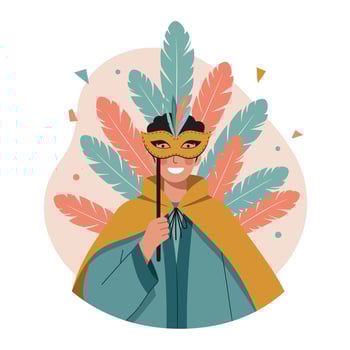 Person Wearing Carnival Mask with Colorful Feathers and Festive Costume Celebration Illustration vector