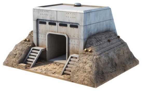 Concrete bunker nestled within a sandy landscape. png