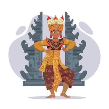 Balinese traditional dancer performing classical dance in cultural costume with temple background illustration vector