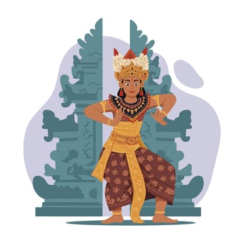 Traditional Balinese dancer performing classical dance with temple background in cultural Indonesian costume illustration vector