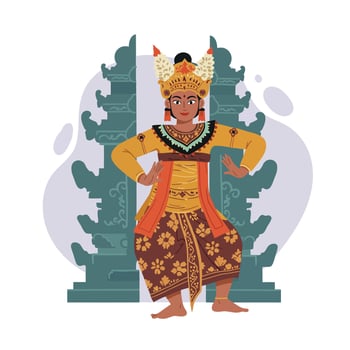 Traditional Balinese dancer performing cultural dance in colorful costume with intricate headdress illustration vector