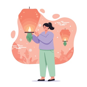 Woman holding traditional orange Chinese lantern in cultural festival celebration illustration vector