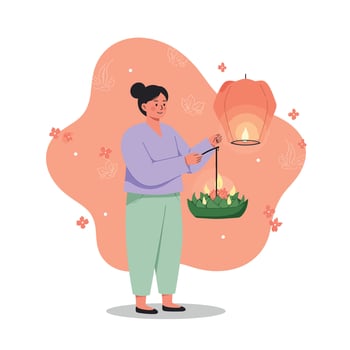 Woman holding traditional floating lantern and floral basket celebrating cultural festival in warm tones illustration vector