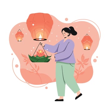 Woman holding floating lantern and lotus flower decoration in cultural lantern festival celebration scene illustration vector