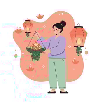 Woman holding traditional floating lantern with floral decorations in orange and green colors during cultural celebration illustration vector