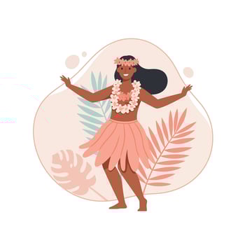Hawaiian hula dancer woman performing traditional dance with tropical leaves background in soft pink and teal tones illustration vector