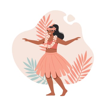 Hula dancer performing traditional Hawaiian dance with floral lei and skirt in tropical setting illustration vector