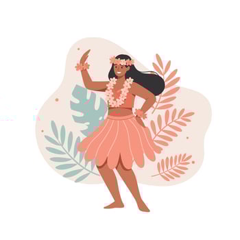 Hawaiian dancer woman performing traditional hula dance with floral lei and tropical leaves illustration vector