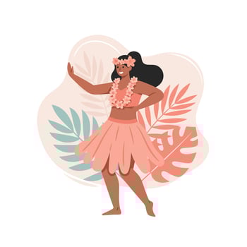 Woman dancing traditional Hawaiian hula with flower lei and grass skirt in colorful tropical leaves background illustration vector
