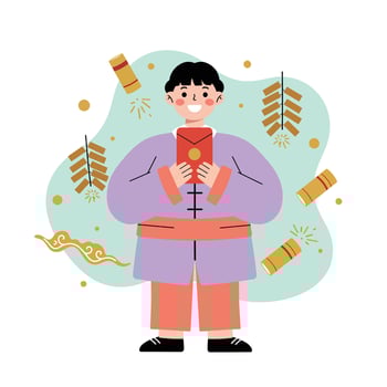 Boy holding red envelope celebrating Chinese New Year with firecrackers and festive decorations illustration vector