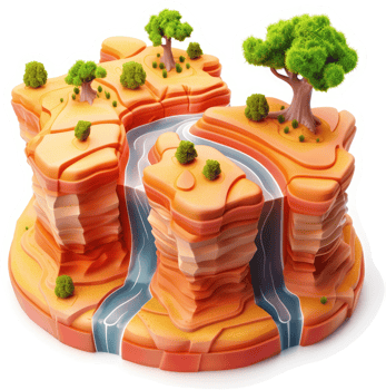 Stylized digital illustration of a sculpted desert landscape. png