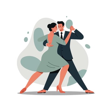 Couple dancing tango in elegant attire with flowing green dress and black suit illustration vector