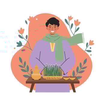 Young man celebrating traditional spring festival with green scarf and purple outfit at decorated table with plants and flowers illustration vector