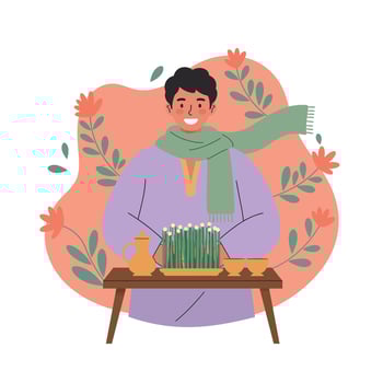 Person enjoying traditional tea ceremony with green scarf and floral background in cozy setting illustration vector