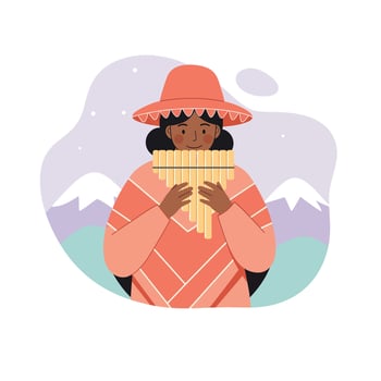 Woman playing pan flute in traditional Andean clothing with mountain background illustration vector