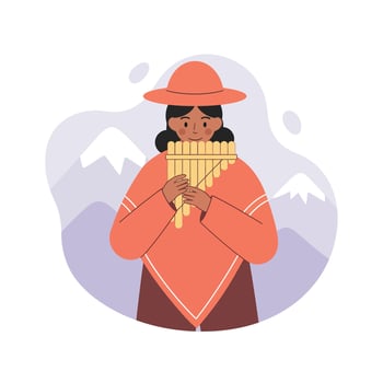 Andean musician playing traditional pan flute with mountains background illustration vector