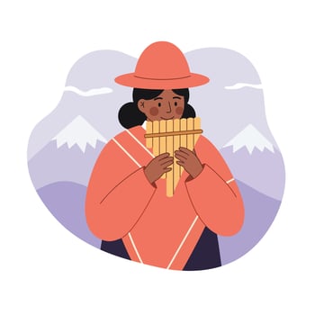 Indigenous man playing pan flute in traditional orange clothing with mountain background illustration vector