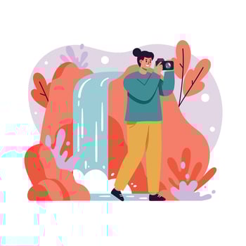 Photographer capturing waterfall scene in nature with autumn colors illustration vector