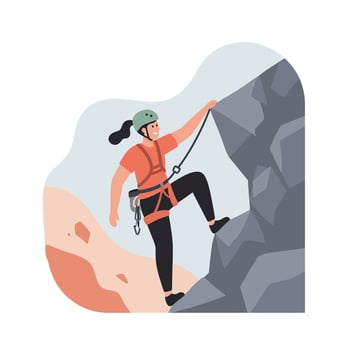 Woman rock climbing on rugged mountain cliff wearing helmet and harness outdoor adventure activity illustration vector