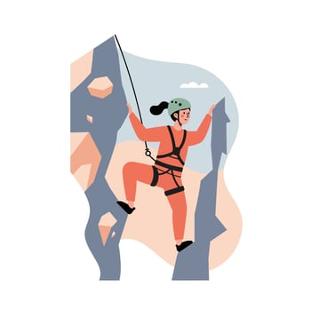 Woman rock climbing outdoor adventure with safety harness and helmet in mountain landscape illustration vector