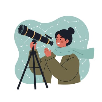 Woman looking through telescope at stars constellation illustration with winter scarf and dark hair vector