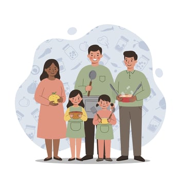 Diverse family cooking together with children holding food items and utensils in kitchen scene vector