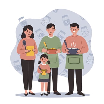Family cooking together holding bowls and kitchen utensils in casual home kitchen scene cheerful atmosphere vector