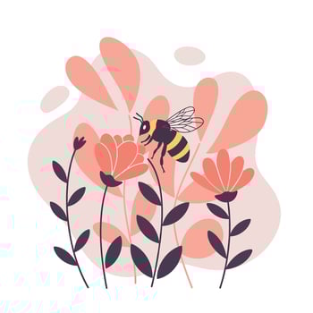 Bee collecting nectar from coral flowers on abstract botanical background in soft colors illustration vector
