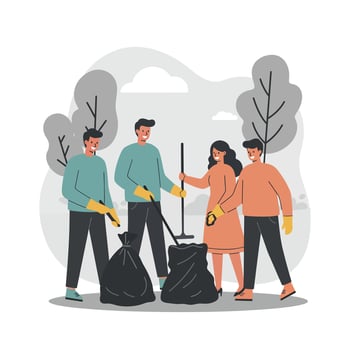 Group of people cleaning park and collecting trash outdoors with gloves and bags natural environment care teamwork teamwork activity vector
