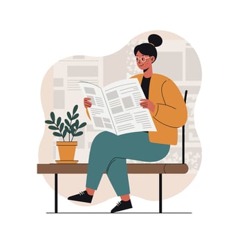 Woman Reading Newspaper Sitting on Bench Wearing Orange Jacket and Glasses in Minimalist Indoor Scene vector