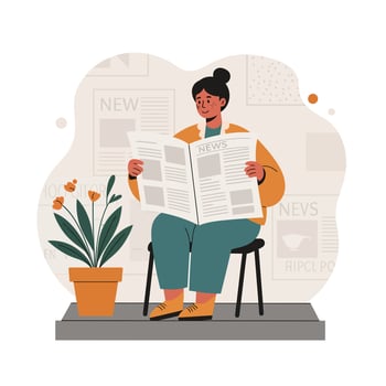 Woman reading newspaper sitting on chair near potted plant with orange flowers in calm indoor setting vector