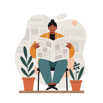 Woman with glasses reading newspaper indoors surrounded by potted plants in calm setting vector