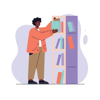Person selecting book from purple bookshelf in casual setting with orange and brown clothing natural scene vector