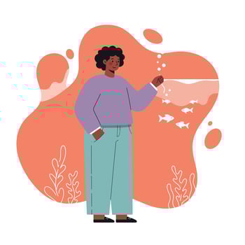 Person interacting with digital fish in coral reef environment with orange background and casual clothing vector