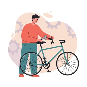 Man repairing bicycle using wrench for maintenance and leisure activity in casual outfit with gear background vector