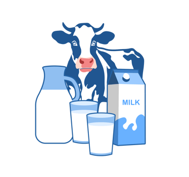 Milk and Cow Illustration. Dairy Products - Cheerful illustration of a Holstein cow with a milk carton, jug, and two glasses of milk. Transparent background. png