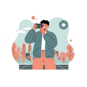 Young man taking photo with camera in urban cityscape background modern digital photography concept vector