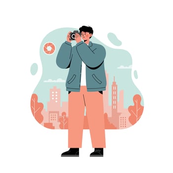 Man taking photo with camera in urban cityscape background autumn colors casual outfit vector
