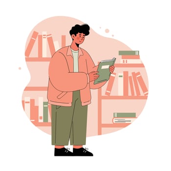 Young person reading book in library with shelves in background calm learning moment vector