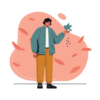 Young man feeding bird with scattered seeds in calm outdoor setting with soft pink background and floating feathers vector