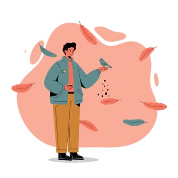 Young man feeding small birds with falling autumn leaves and casual clothing in peaceful outdoor setting vector